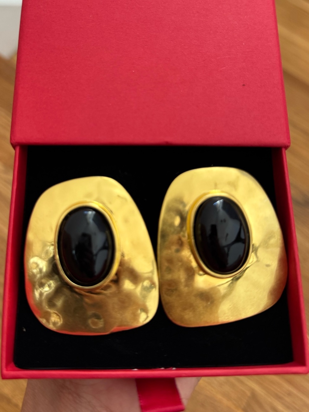 Vintage Gold Earrings with Black Cabochon Centers